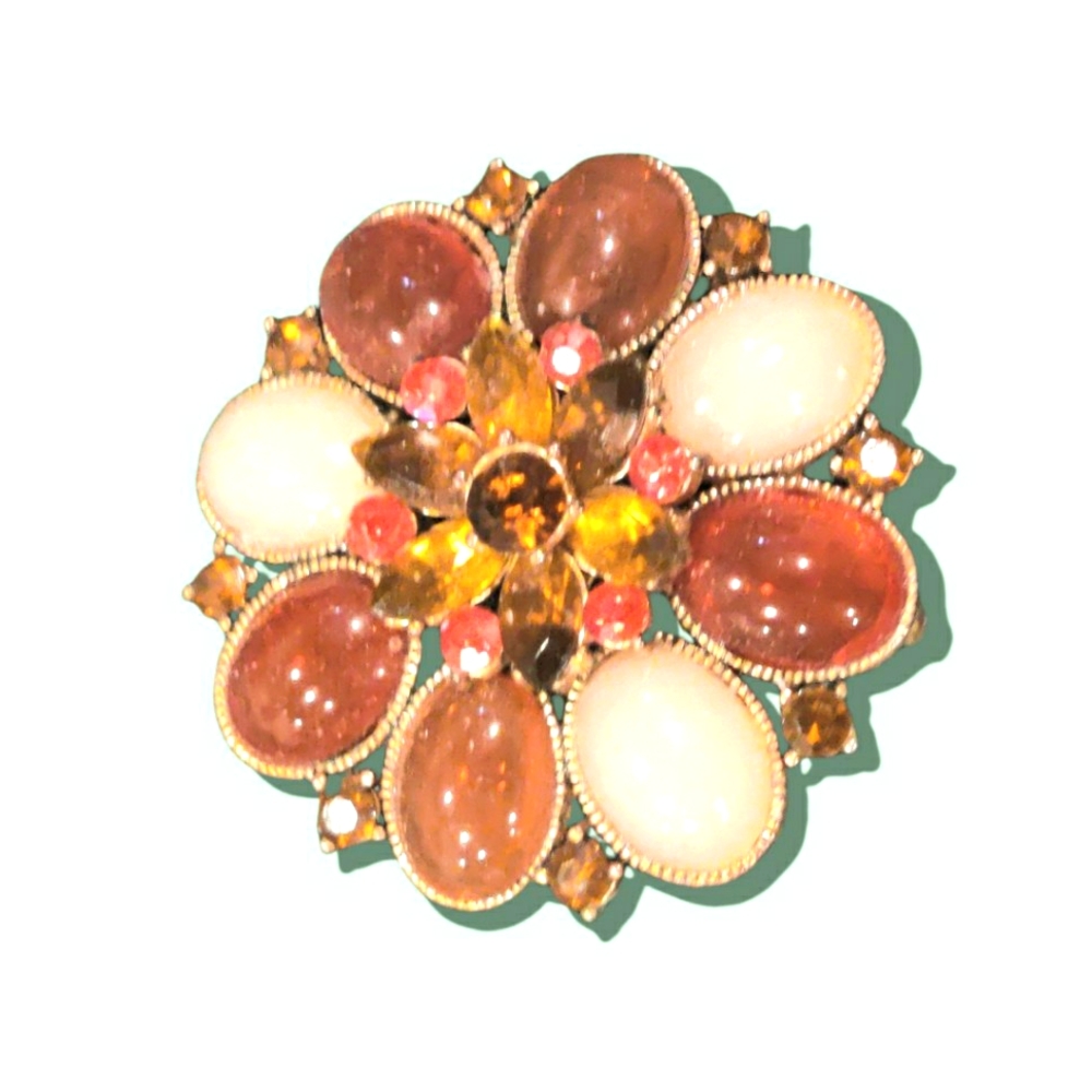 Dome brooch pin | pendant | topaz-colored stones | goldtone